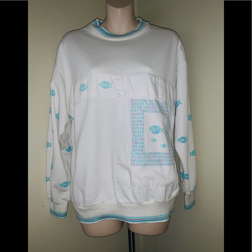 Jantzen retro vintage white fish print sweater - Picture 3 of 6